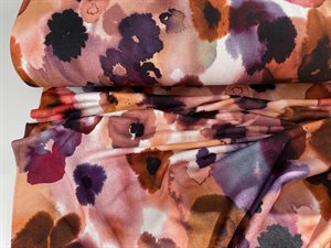 Viscosejersey - med fint akvarel splash i orangerøde / violette toner